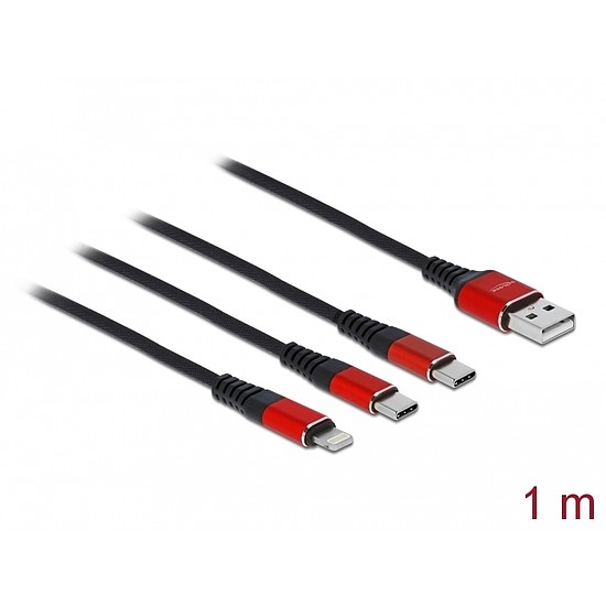 Delock 1 m hosszú, USB töltő kábel 3 az 1 A-típusú apa Lightning -, es 2 x USB Type-C csatlakozásho (86709)