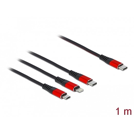 Delock 1 m hosszú, USB töltő kábel 3 az 1 USB Type-C apa Lightning -, Micro USB- és USB Type-C csa (86711)
