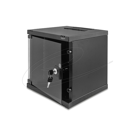 Delock 10 hálózati szekrény 6U üvegajtóval, állványra vagy falra szerelhető, 240 mm mélység, 30 kg teherbírás, 330 x 312 x 300 mm, fekete