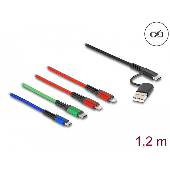 Delock 1,20 m hosszú, USB töltő kábel 4 az 1 A-típusú USB + USB-C apa 2 x Lightning-, Micro USB- és USB Type-C csatlakozáshoz (87884)