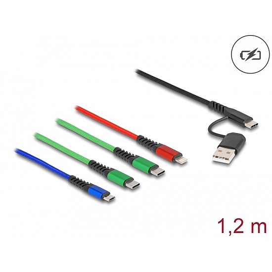 Delock 1,20 m hosszú, USB töltő kábel 4 az 1 A-típusú USB + USB-C apa Lightning-, Micro USB- és 2 x USB Type-C csatlakozáshoz (87035)