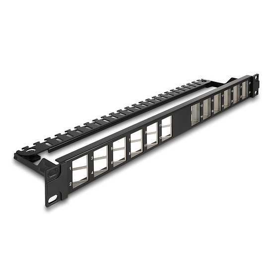 Delock 19 Keystone patch panel 24 porttal hajlított húzásmentesített fekete