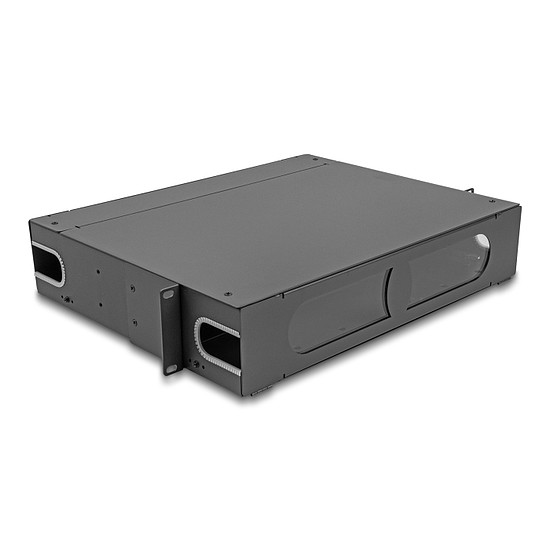 Delock 19 üvegszálas Patch Panel összekötő doboz átlátható ablakkal egyenlőtlen 2U sötétszürke