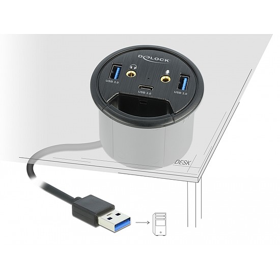 Delock 3 portos asztalba építhető USB hub 1 x USB Type-C és 2 x A-típusú USB, valamint HD-Audio por (62794)
