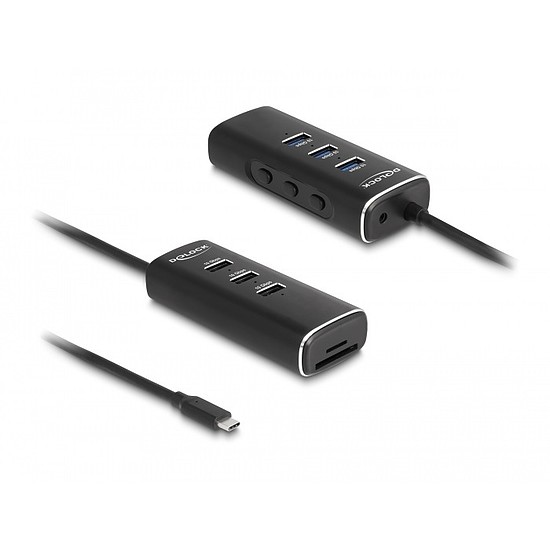 Delock 3 portos USB 10 Gbps hub, SD és Micro-SD kártyaolvasóval USB Type-C , 60 cm hosszú kábellel és portokhoz tartozó kapcsolóval