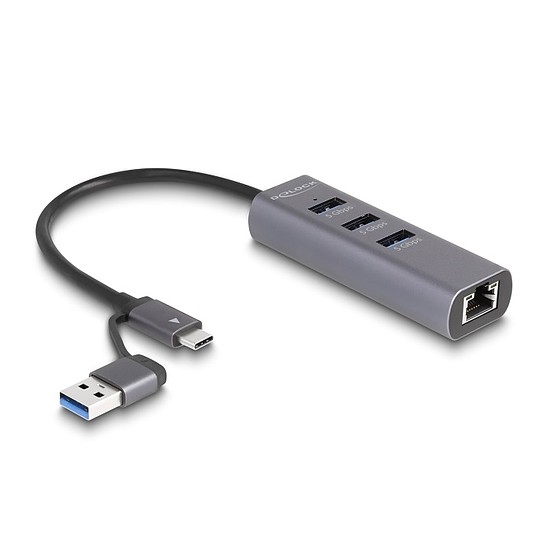 Delock 3 portos USB 5 Gbps Hub + Gigabit LAN USB Type-C csatlakozóval vagy A-típusú USB csatlakozóval fém vázban
