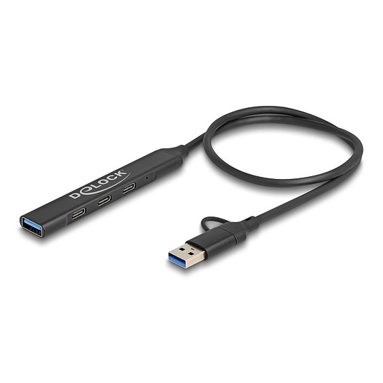 Delock 4 portos vékony USB hub USB Type-C vagy A-típusú USB csatlakoztatóval és 3 x USB 5 Gbps USB Type-C és 1 x USB 5 Gbps A-típusú