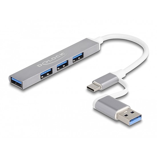 Delock 4 portos vékony USB Hub USB Type-C vagy USB A-típusú - 3 x USB 2.0 Type-A csatlakozóhüvely + 1 x USB 5 Gbps Type-A csatlakozóhüvely
