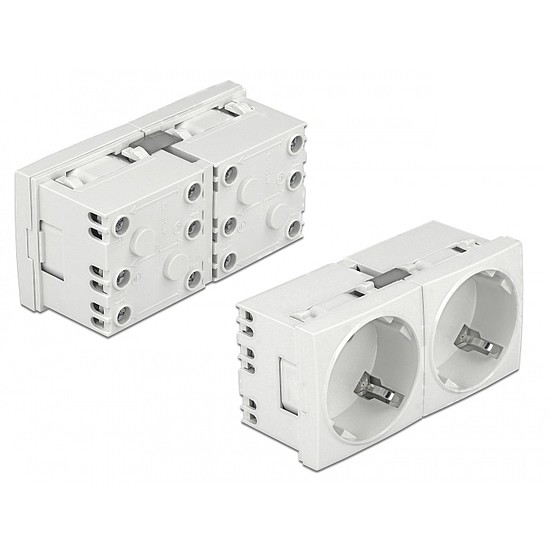 Delock 45 x 45 mm méretű, 2 modulos, bővíthető, 45 elrendezésű Easy 45 földelt hálózati csatlakozóaljzat