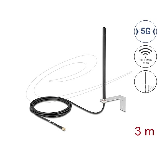 Delock 5G LTE Antenna SMA apa csatlakozóval 3 - 5 dBi mindenirányban rögzíthető, csatlakozó kábellel RG-174, 3 m, falra szerelhető, kültéri, fekete