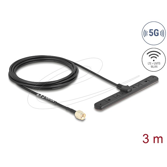 Delock 5G LTE antenna SMA-dugó 3 dBi mindenirányú RG-174-es csatlakozó kábellel biztosított, 3 m öntapadós csatlakozás kültéri, fekete színű
