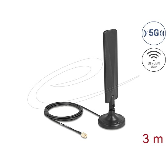 Delock 5G LTE-es antenna SMA-dugó 3 dBi mindenirányú RG-174 csatlakozó kábellel 3 m, billenőcsuklóval és mágneses alappal, fekete színű