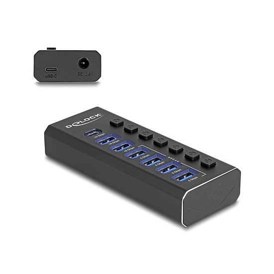 Delock 7 portos USB hub 4 10 Gbps-s porttal és 4 gyorstöltő porttal kijelzővel és kapcsolóval