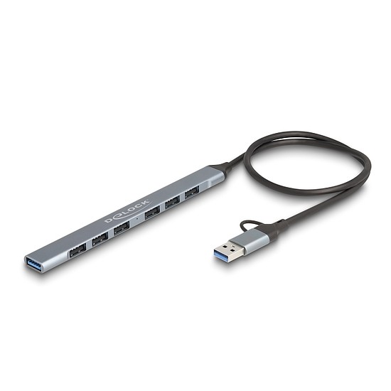 Delock 7 portos vékony USB hub USB Type-C vagy A-típusú csatlakoztatóval és 1 x USB 5 Gbps A-típusú és 6 x A-típusú USB 2.0