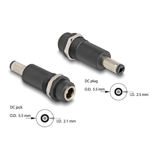 Delock Adapter, DC 5,5 x 2,1 mm-csatlakozóhüvely, DC 5,5 x 2,5 mm méretű apa