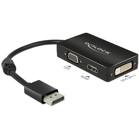 Delock Adapter Displayport 1.1-dugós csatlakozó > VGA / HDMI / DVI-csatlakozóhüvely passzív fekete (62656)