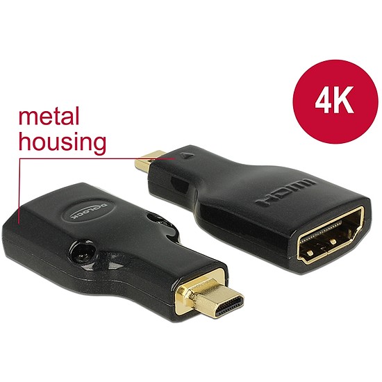 Delock adapter Gyors-sebességű HDMI Ethernettel - HDMI micro-D apa véggel > HDMI-A anya 4K fekete (65664)