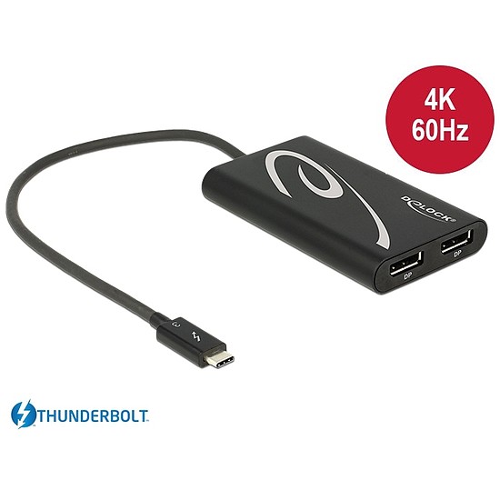 Delock Adapter Thunderbolt 3 csatlakozódugóval > 2 x Displayport csatlakozóhüvellyel 4K 60 Hz (62708)