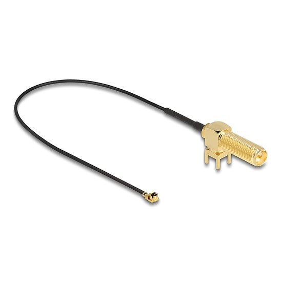 Delock Antenna kábel RP-SMA 90 PCB anya válaszfali csatlakozóval apa I-PEX Inc., MHF I-dugó 1.13 25 cm menethossz 15 mm