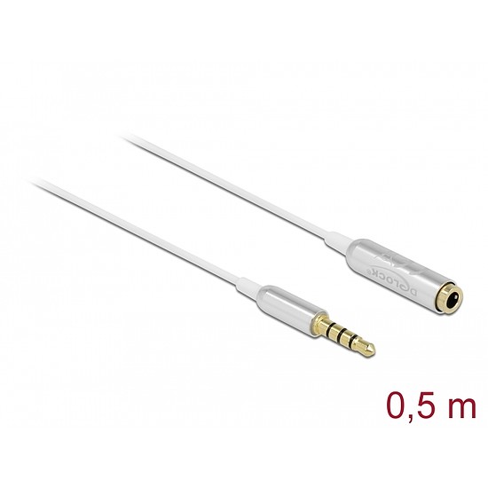 Delock Audio bővítő kábel sztereo jack 3,5 mm 4 tűs apa anya, Ultra Slim 0,5 m, fehér (66072)