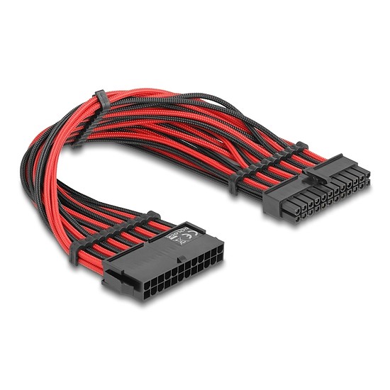 Delock Bővítő kábel 24 tűs ATX apa - 24 tűs ATX anya, fekete-piros textil borítással, 30 cm
