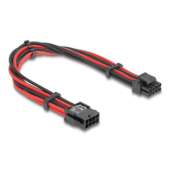 Delock Bővítő kábel 8 tűs EPS apa - 4 + 4 tűs EPS anya textil, fekete-piros borítással 30 cm