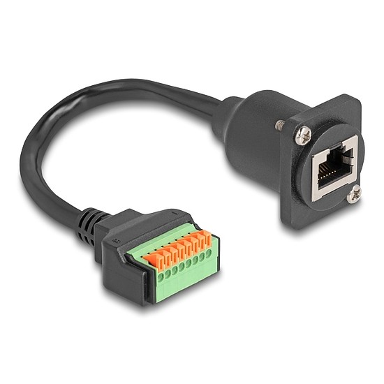 Delock D-típusú kábel RJ45 anya - Terminal Block nyomó gombbal Cat.5e fekete 30 cm