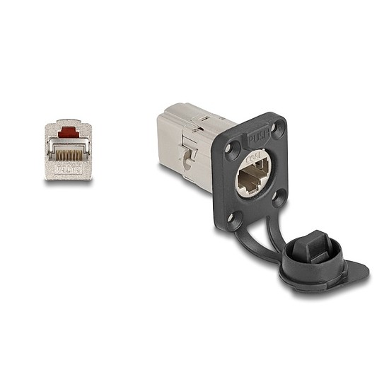 Delock D-típusú RJ45 beépített csatlakozó Cat.6A STP védősapkával IP66 por- és vízbiztos