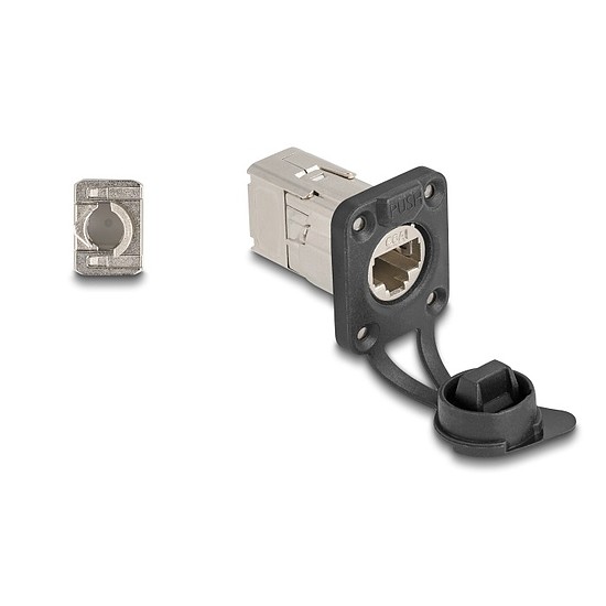 Delock D-típusú RJ45 beépített csatlakozó LSA kapcsolattal Cat.6A STP védősapkával IP66 por- és vízbiztos