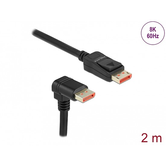 Delock DisplayPort kábel egyenes csatlakozódugóval - csatlakozódugóval 90 ívelt lefelé 8K 60 Hz 2 m (87051)