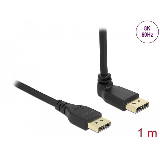 Delock DisplayPort kábel egyenes csatlakozódugóval - csatlakozódugóval 90 ívelt felfelé 8K 60 Hz 1 m retesz nélküli (87143)