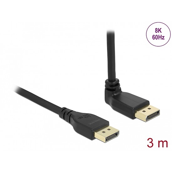 Delock DisplayPort kábel egyenes csatlakozódugóval - csatlakozódugóval 90 ívelt felfelé 8K 60 Hz 3 m retesz nélküli (87151)