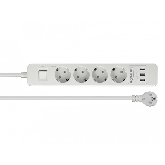 Delock Fehér színu négy foglalatú hosszabbítós konnektor USB töltovel és kisülés védelemmel (11206)