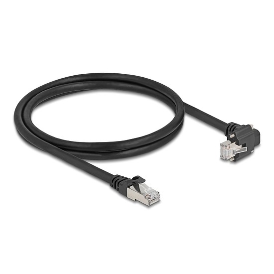 Delock GigE kamera kábel RJ45 apa 90 -ban hajlított csavarokkal - RJ45 apa Cat.6 S/FTP 1 m fekete
