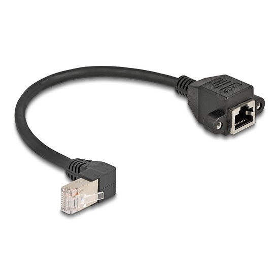 Delock Hálózat bővítő kábel S/FTP RJ45 apa 90 hajlított - RJ45 beépített anya Cat.6A 0,25 m fekete