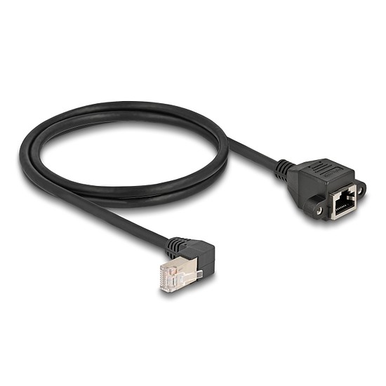 Delock Hálózat bővítő kábel S/FTP RJ45 apa 90 hajlított - RJ45 beépített anya Cat.6A 1 m fekete