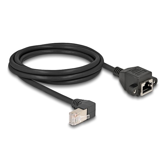Delock Hálózat bővítő kábel S/FTP RJ45 apa 90 hajlított - RJ45 beépített anya Cat.6A 2 m fekete
