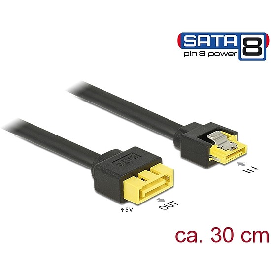 Delock Hosszabbító kábel 6 Gb/s SATA kimeneti > SATA apa 8 tűs tápcsatlakozó retesszel, hossza 30 cm (84946)