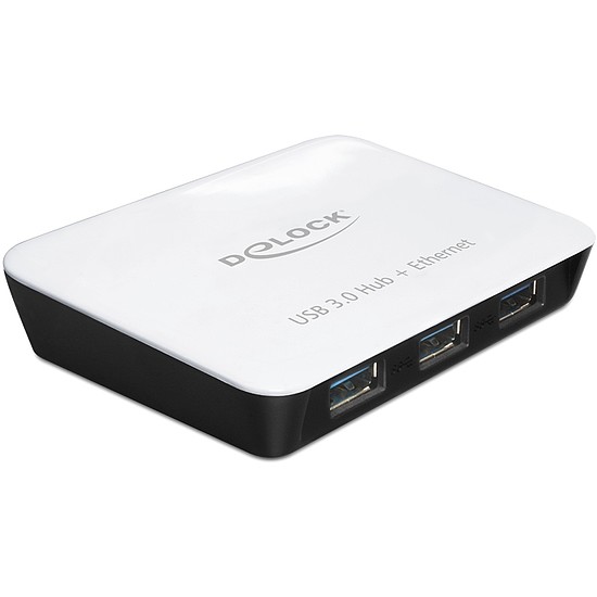 Delock HUB USB 3.0 3 port + 1 port Gigabit LAN 10/100/1000 Mb/s, fehér-fekete (62431)