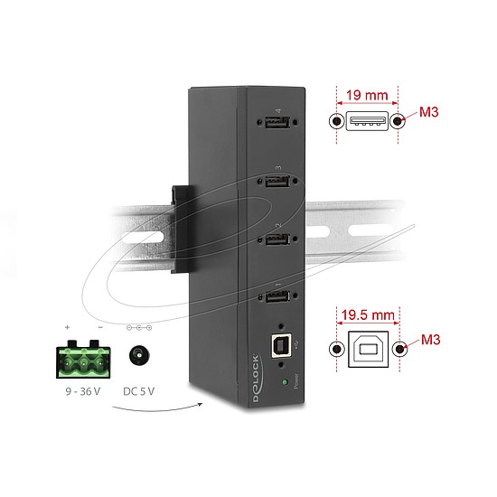 Delock Ipari Hub 4 x USB 2.0 A-típusú 15 kV ESD védelemmel és DIN sín beépítéssel