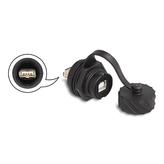 Delock Kábel csatlakoztató USB 2.0 B-típusú anya USB 2.0 A-típusú anya installálásra IP68 por és víz elleni védő bajonettzá kalappal fekete
