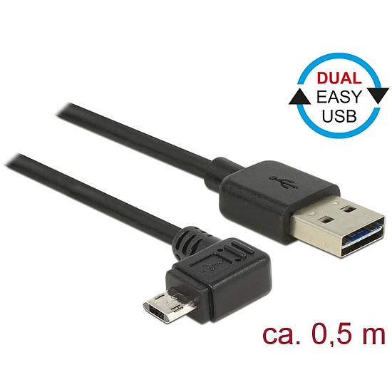 Delock Kábel, EASY-USB 2.0-s A csatlakozó > EASY-USB 2.0-s Micro-B csatlakozó ívelt bal / jobb, 0,5m (83847)