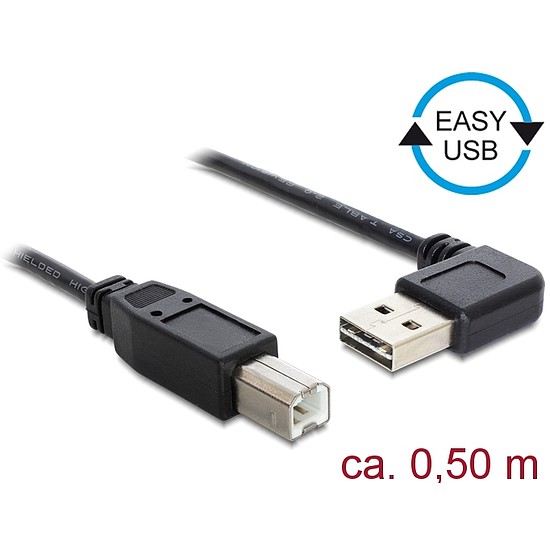 Delock Kábel, EASY-USB 2.0-s A- típusú csatlakozódugó, ívelt bal / jobb > USB 2.0-s B-típusú csatlak (85167)