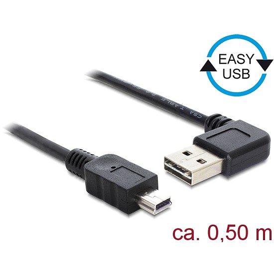 Delock Kábel, EASY-USB 2.0-s A- típusú csatlakozódugó, ívelt bal / jobb > USB 2.0-s Mini-B-típusú cs (85175)