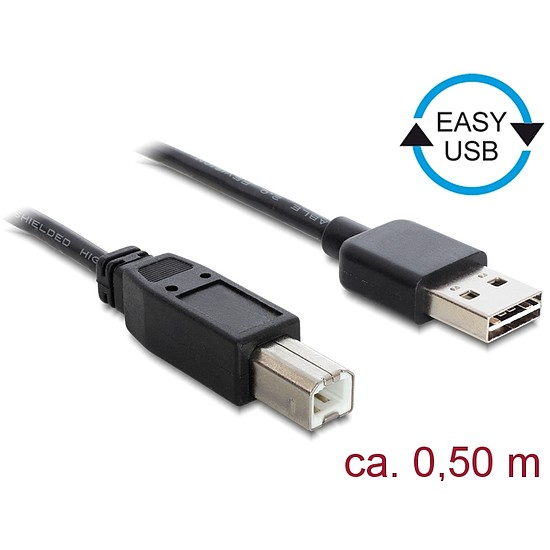 Delock Kábel, EASY-USB 2.0-s A-típusú csatlakozódugó > USB 2.0-s B-típusú csatlakozódugó, 0,5 m, fek (83684)