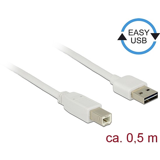 Delock Kábel, EASY-USB 2.0-s A-típusú csatlakozódugó > USB 2.0-s B-típusú csatlakozódugó, 0,5 m, feh (83685)