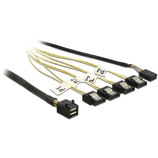 Delock Kábel Mini SAS HD SFF-8643 > 4 x 7 tus SATA fordított + oldalsáv, 1 m (83322)
