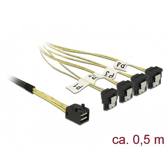 Delock Kábel Mini SAS HD SFF-8643 > 4 x SATA 7 Pin, ívelt, 0,5 m (85684)