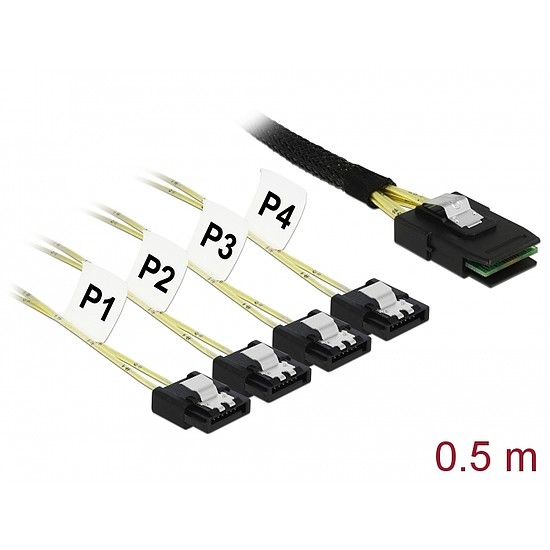 Delock Kábel Mini SAS SFF-8087 > 4 x 7 tűs SATA 0,5 m fém (85800)