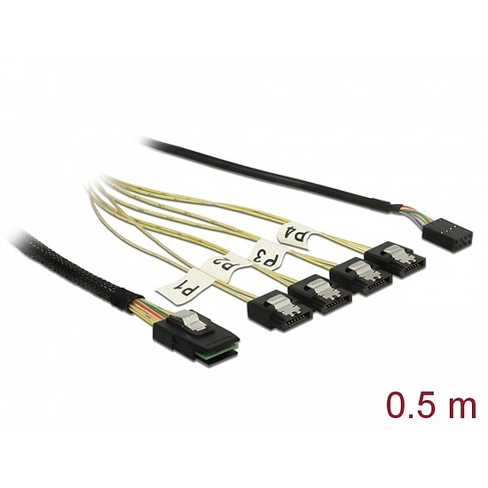 Delock Kábel Mini SAS SFF-8087 > 4 x 7 tűs SATA + oldalsáv, 0,5 m fém (85674)